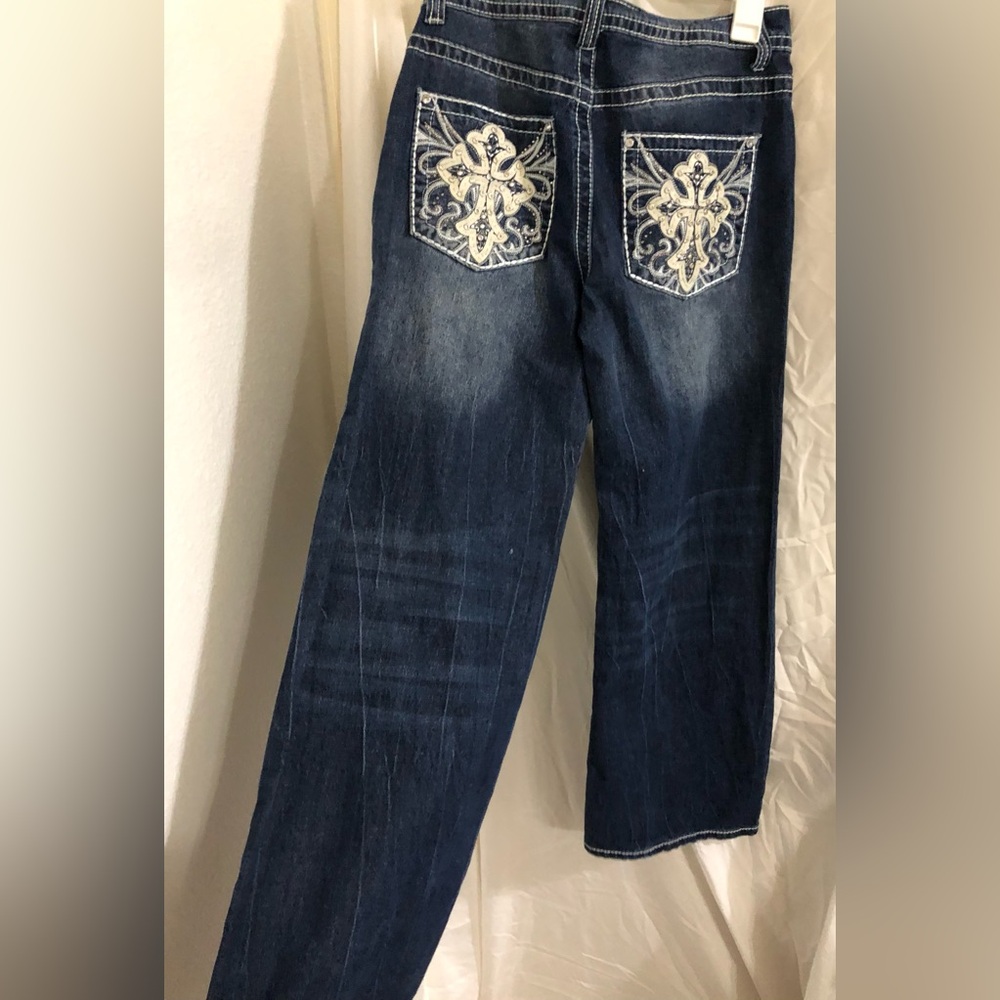 Studded faux‎ leather gothic cross pocket wide leg jeans size 7/28 brand new